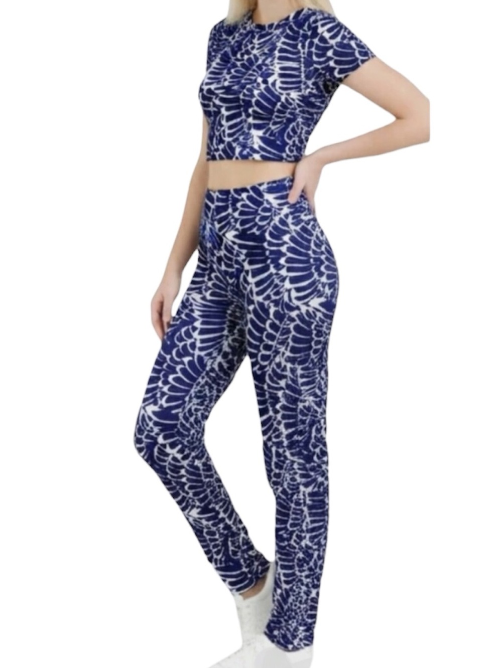Ed Hardy Crop Top and Leggings Set Blue Feather Wing Print Women’s Size Small